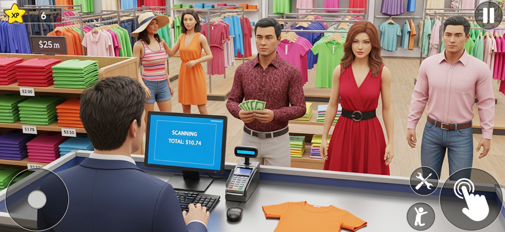Checkout counter gameplay in My Fashion Corner Shop simulator showing a cashier and customers
