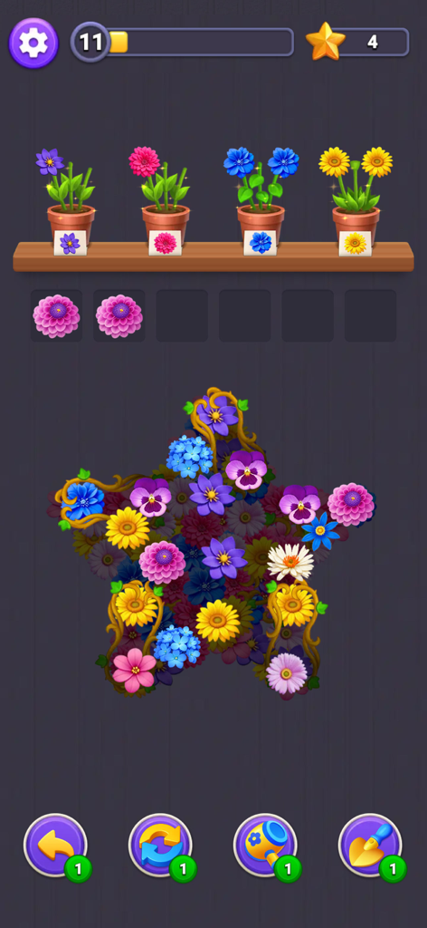Flower Merge - Blossom Games - A star shaped puzzle board filled with colorful flowers in the Flower Merge blossom game interface