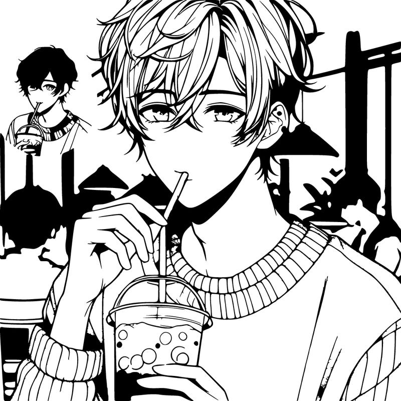 relistic anime guy with medium length hair in a sweater drinking boba in a restaurant