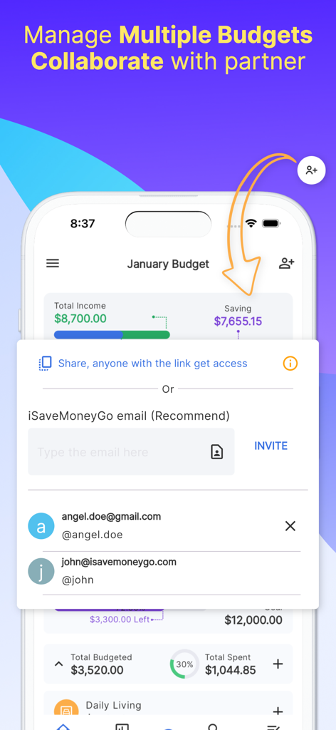 Interface mobile d'iSaveMoneyGo montrant comment inviter un partenaire à un budget partagé.