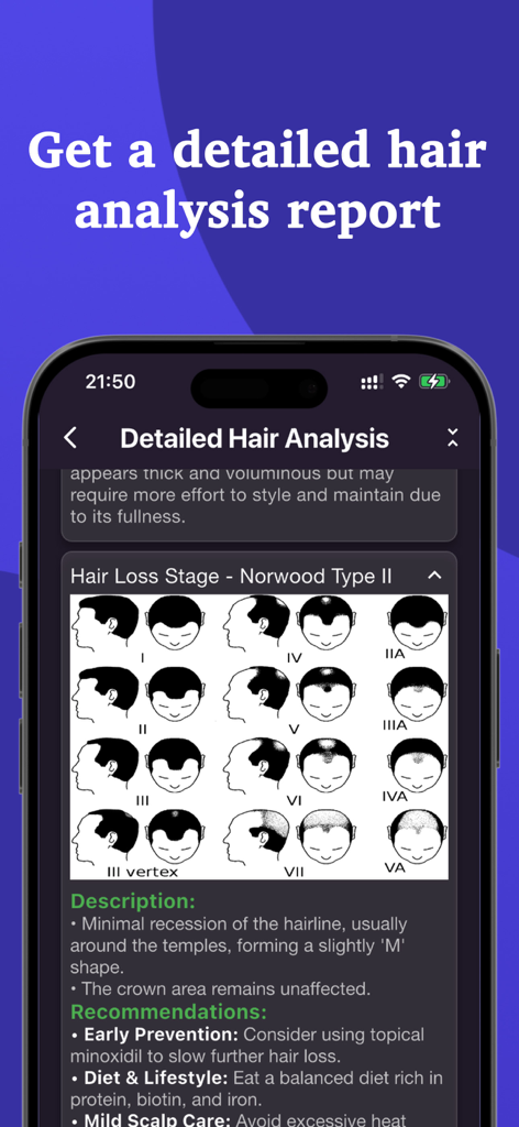 Hair Scan - Hair Snap Health - A detailed hair analysis report in the app showing the Norwood hair loss scale and personalized care recommendations.