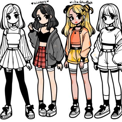 one girl with crop-top shirt and a jacket with a skirt, long socks and another girl with a shirt and pants with a jacket