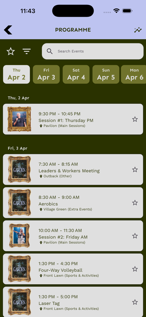 Northern Easter Camp - Northern Easter Camp mobile app programme screen showing a detailed daily event schedule with search and favorites features