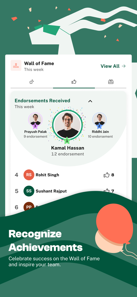 The Wall of Fame screen in the HROne app displaying a leaderboard for top endorsed employees to recognize achievements.