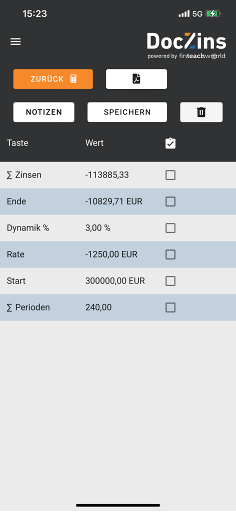 DOCZINS financial calculator app displaying interest calculation results including total interest and payment periods