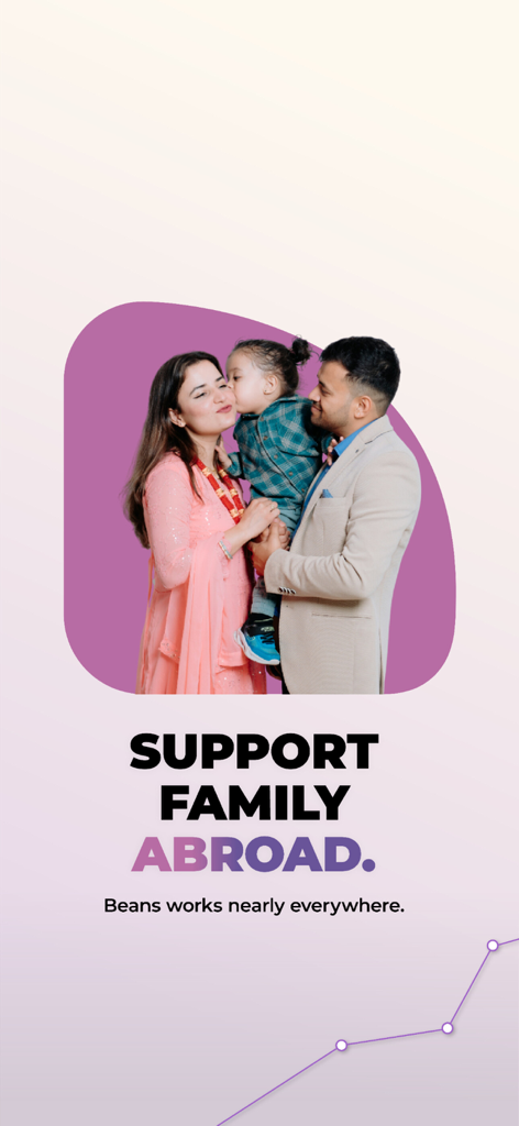 Beans App - A smiling family illustrating the use of the Beans App for international money transfers to support family abroad.
