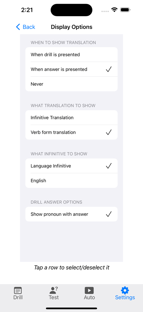 Bildschirm für Anzeige- und Übersetzungsoptionen in der Verbi Italienischer Verb-Trainer-App