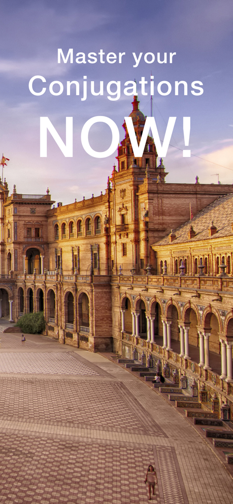 Pantalla promocional de la app Conjuu con el texto Domina tus Conjugaciones AHORA sobre la Plaza de España en Sevilla