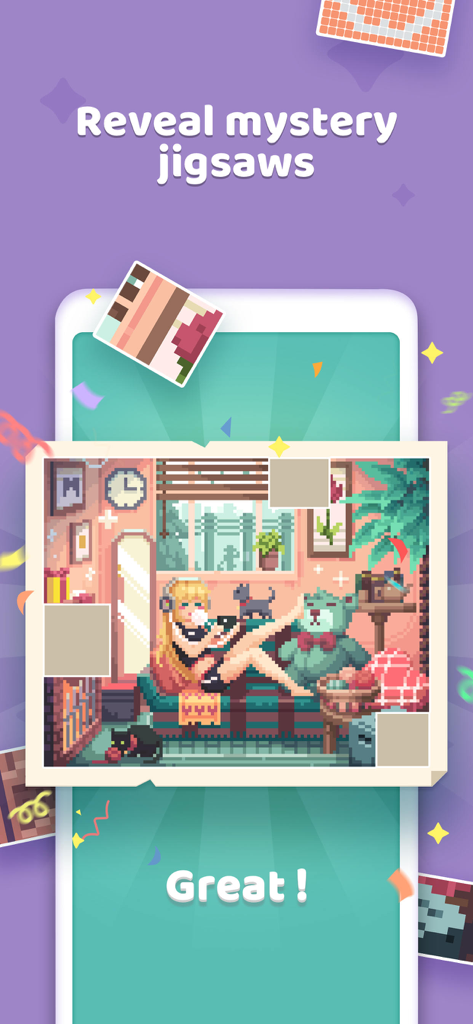 Un rompecabezas de pixel art completado en la aplicación Nonogram con la escena de una habitación acogedora