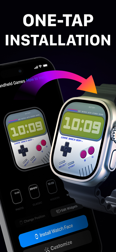 Watch Faces Gallery for iWatch - Smartphone app interface showing one tap installation of a retro game themed watch face onto an Apple Watch