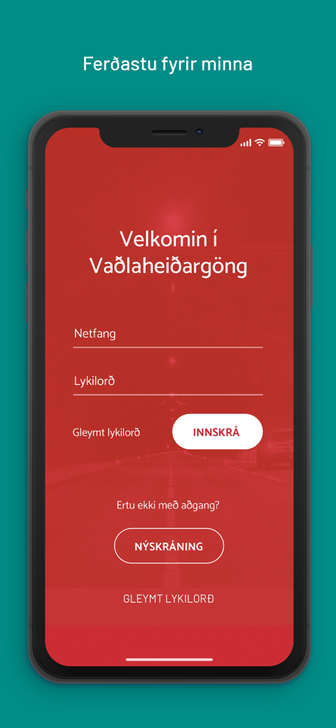 Pantalla de inicio de sesión de la aplicación Veggjald para el pago de peajes de túneles en Islandia