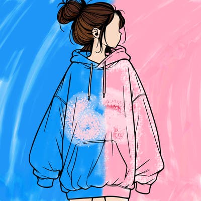 realistic girl with a oversized sweatshirt on and a bun