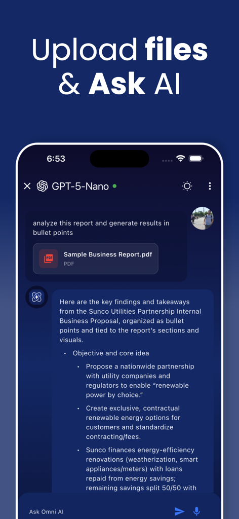 Omni AI - ChatBot Assistant - Chatbot de Omni AI analizando un archivo PDF y generando un resumen