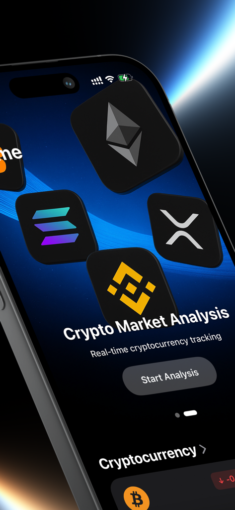Stockio: AI Trading Signals - Écran de smartphone affichant l'analyse du marché crypto IA de Stockio avec des icônes pour Ethereum, Solana et XRP.