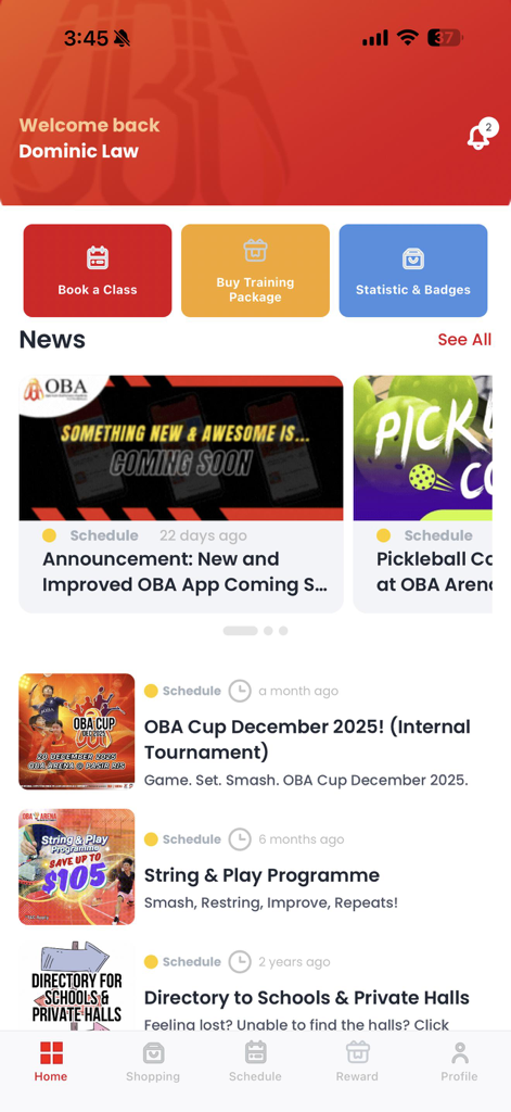 OBA Badminton App (New) - Home screen of the OBA Badminton App featuring booking options, training packages, and academy news