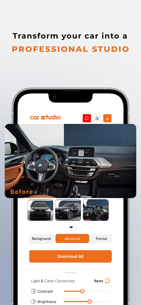 Car Studio AI: Used Car Photos - Car Studio AI mobile app interface showing car interior photo editing and light correction tools