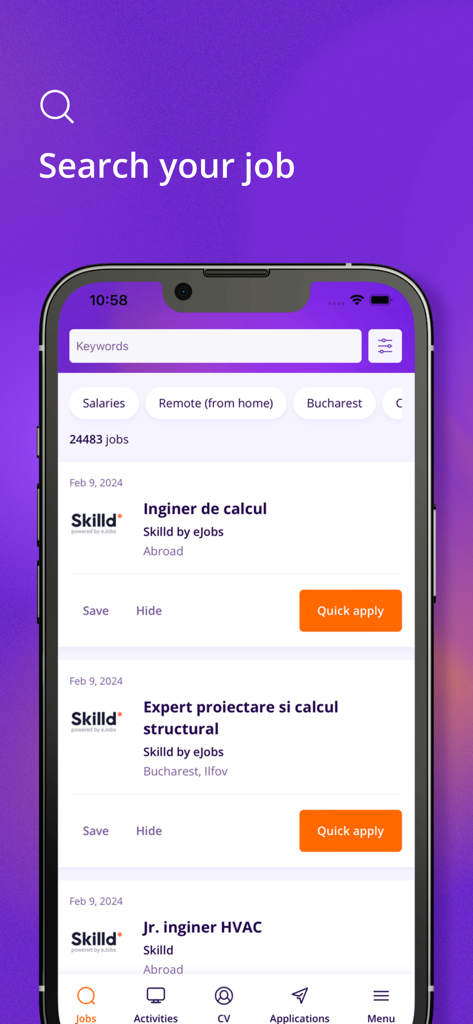 eJobs.ro - Mobile app interface of eJobs.ro showing a job search list with engineering roles and quick apply buttons
