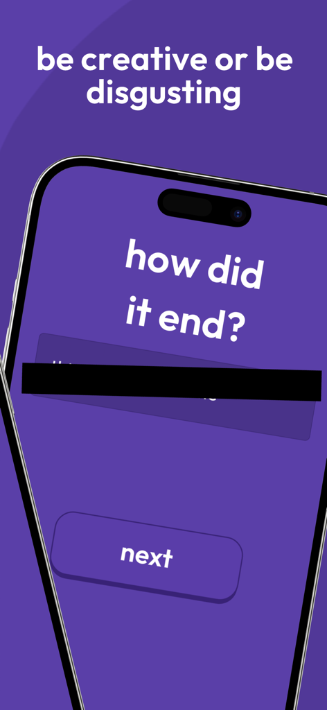 Storiado: twisted party game - Storiado app interface showing a question screen asking how did it end with a next button