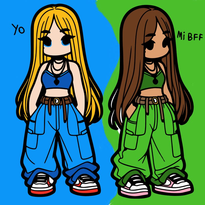 girl in baggy pants crop top and long hair