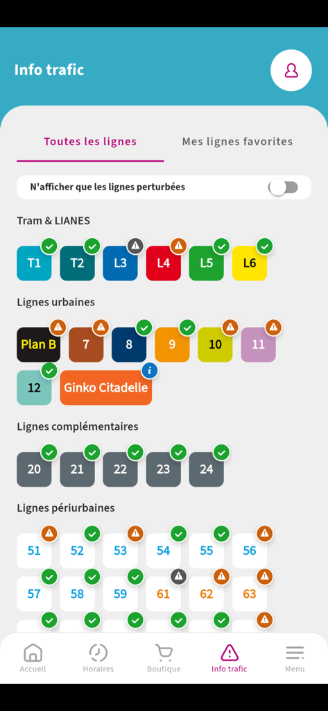 Ginko Mobilités - Écran d'informations trafic de l'application Ginko Mobilites montrant l'état en temps réel des lignes de bus et de tram à Besançon