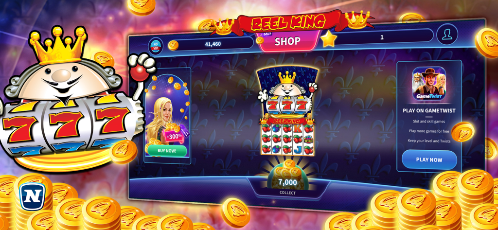 Reel King™ Slot - Reel King Slot game shop menu showing the king character and gold coin bonuses
