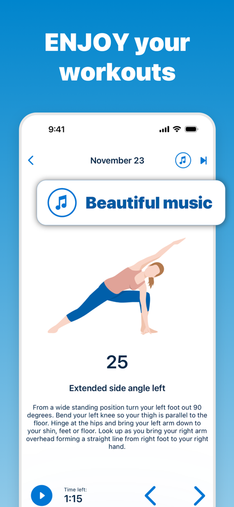 5 Minute Yoga Workouts - Pantalla de la aplicación móvil que muestra una ilustración de una postura de yoga con instrucciones paso a paso y una notificación de la función de música