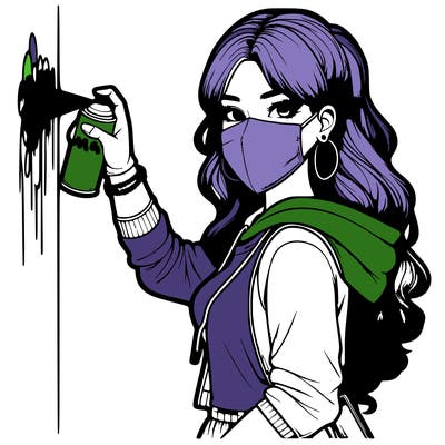 realistic girl with mask spray painting a wall