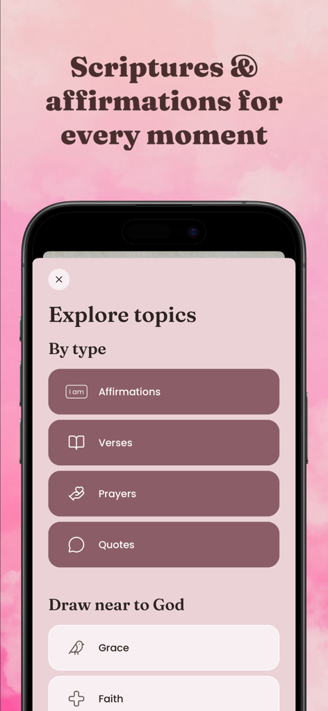 Divine: Bible Widget for Women - The Explore topics screen of the Divine app displaying categories for affirmations verses prayers and quotes