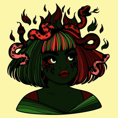 a plus size girl with short hair and snakes coming off her head like medusa, and flames in her eyes, beautiful and realistic