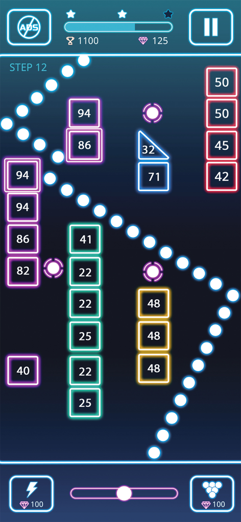 Bricks Breaker: Deluxe Crusher - Juego de Bricks Breaker Deluxe Crusher con ladrillos de neón brillantes y bolas rebotando.