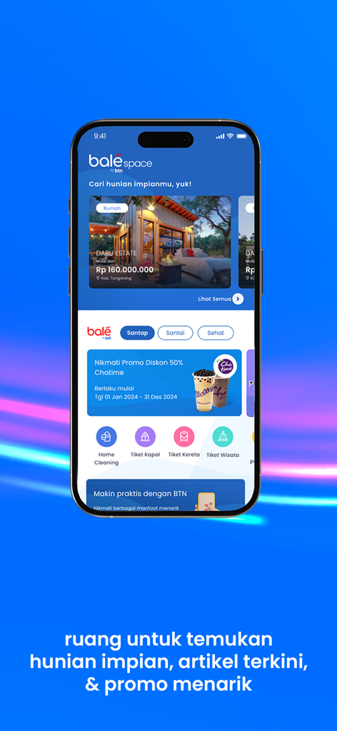 bale by BTN - Interface de l'application Bale by BTN montrant des annonces immobilières en Indonésie et des icônes de services de style de vie.