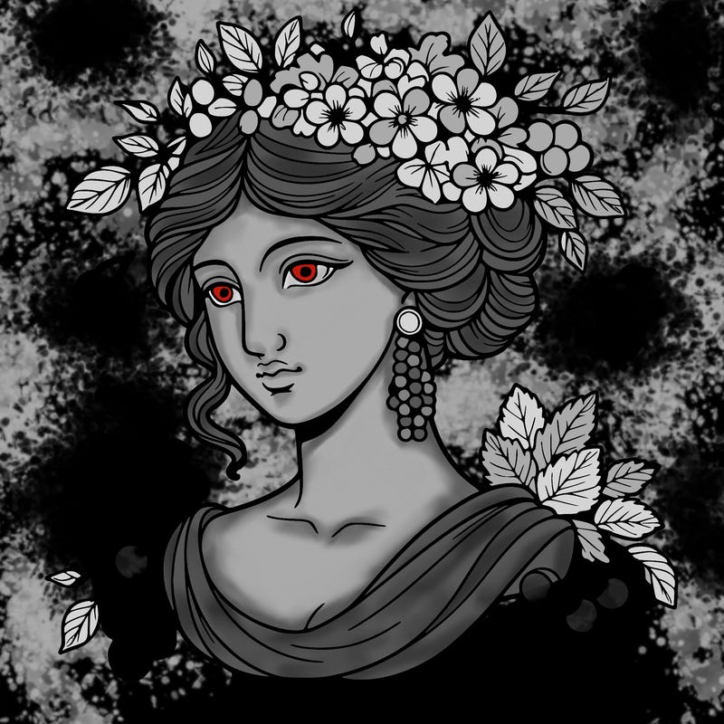 bust of a woman statue with flowers and a bunch of grapes in her hair, cherry earrings