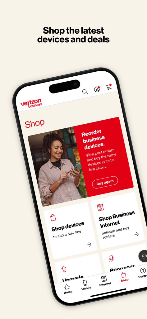 Screenshot della schermata dello shop dell'app My Verizon For Business che mostra le opzioni per riordinare dispositivi aziendali e sfogliare i piani Internet.