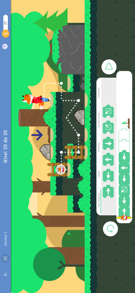 STEM Play - Letramento Digital - Tela de um jogo educacional infantil mostrando programação em blocos para guiar um personagem de raposa por um nível na floresta.