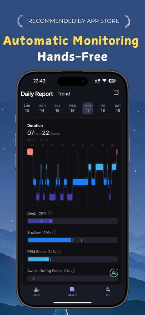 Kitten Sleep - Interface do aplicativo Kitten Sleep mostrando um relatório diário com dados de monitoramento automático de sono e análise de fases do sono
