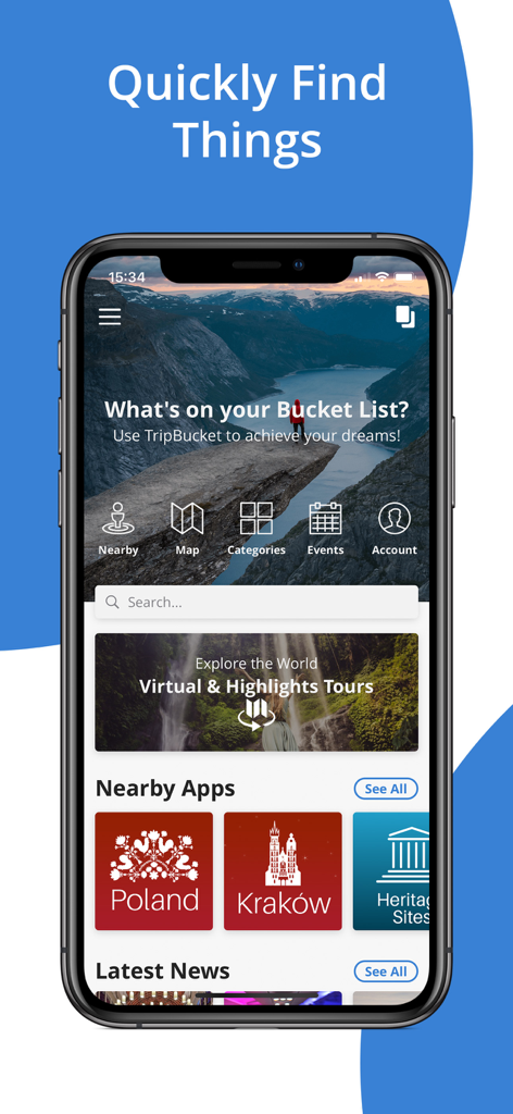 Tripbucket Mobile App - Schermata principale dell'app mobile TripBucket che mostra funzionalità di pianificazione viaggi e categorie della lista dei desideri