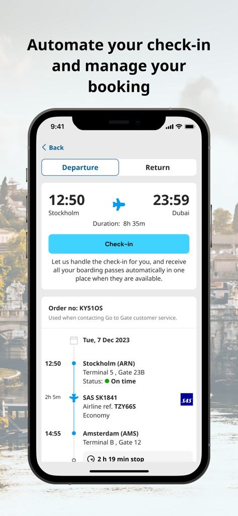 Gotogateアプリのインターフェース。自動フライトチェックインと旅行旅程の管理用
