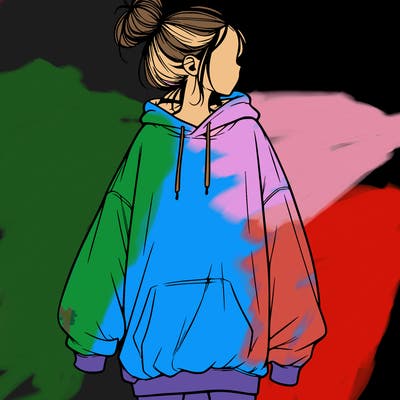 realistic girl with a oversized sweatshirt on and a bun