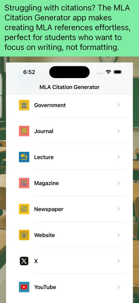 MLA Citation Generator - Screenshot of the MLA Citation Generator app interface showing a list of sources to cite including Journal Website and social media