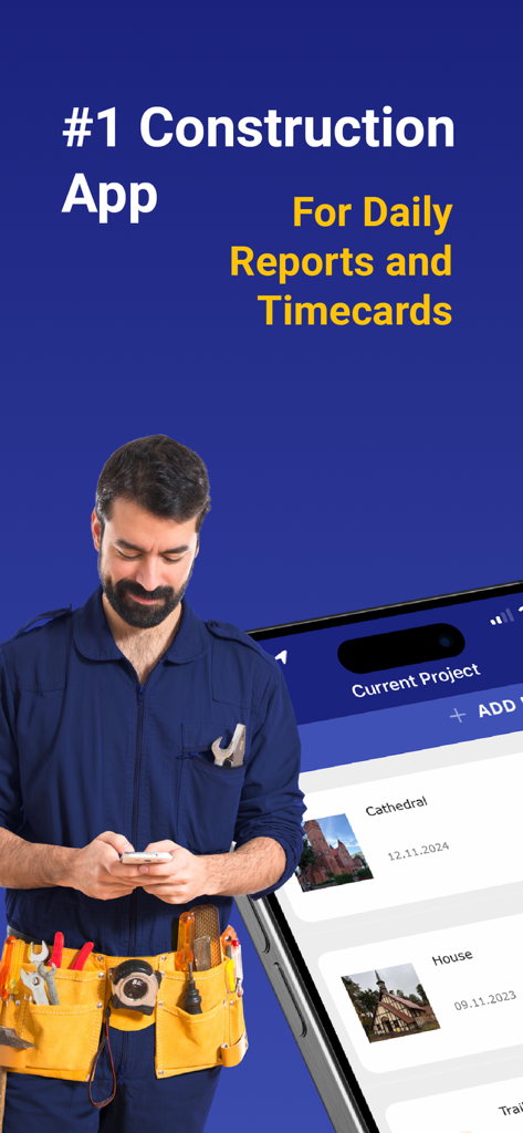 Bauarbeiter benutzt die Bautagebuch-App für Baustellenberichte und Stundenzettel