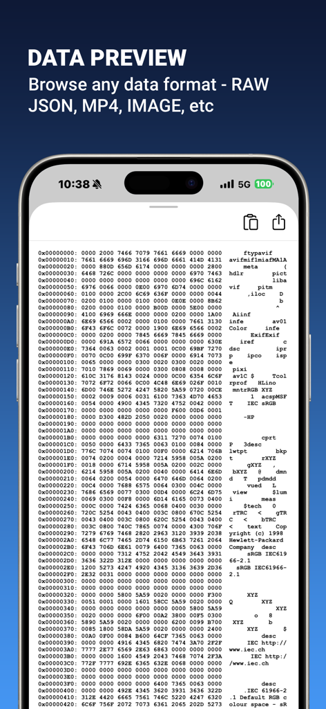Data preview screen showing raw hexadecimal network traffic in the Network Sniffer app