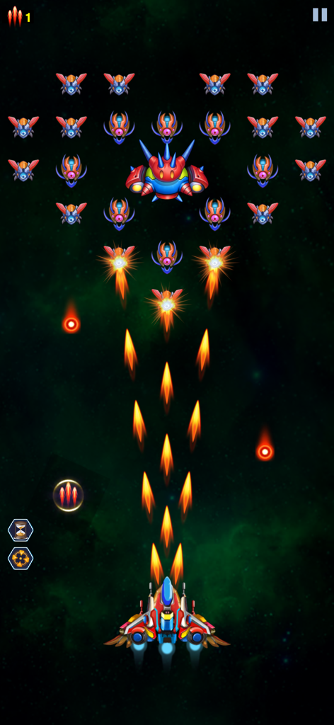 Galaxy Invaders - Space Attack - Un vaisseau spatial tirant des projectiles sur une formation d'ennemis extraterrestres dans un jeu de tir spatial.