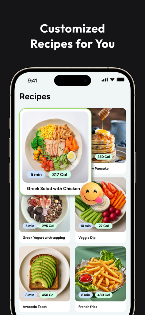 SnapCal: AI Calorie Counter - SnapCal app interface showing customized recipe suggestions with calorie counts and preparation times