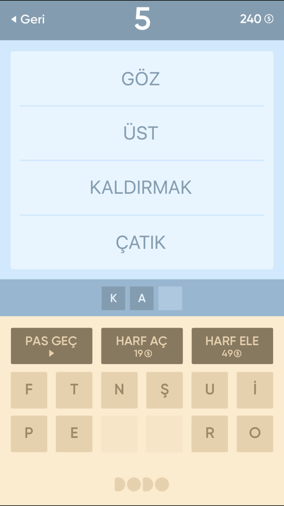 Resimsiz Kelime Bulmaca - A screenshot of a Turkish word puzzle game showing four clue words and a letter selection grid