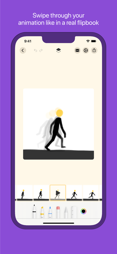 FlipKit app interface showing a frame-by-frame stick figure animation with onion skinning and drawing tools