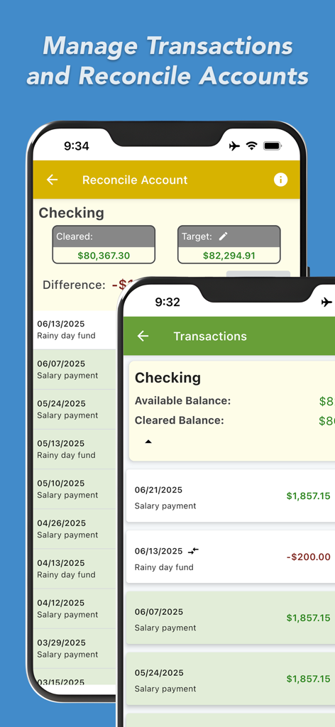ClearCheckbook mobile app screens showing transaction lists and account reconciliation tools
