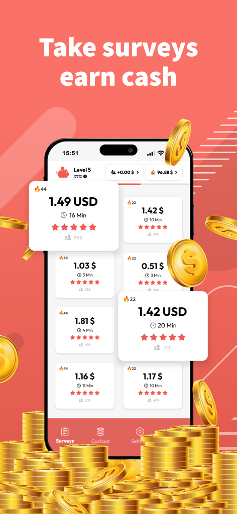 HeyPiggy: Daily Online Surveys - HeyPiggy app interface displaying a list of paid surveys with cash rewards and estimated completion times.