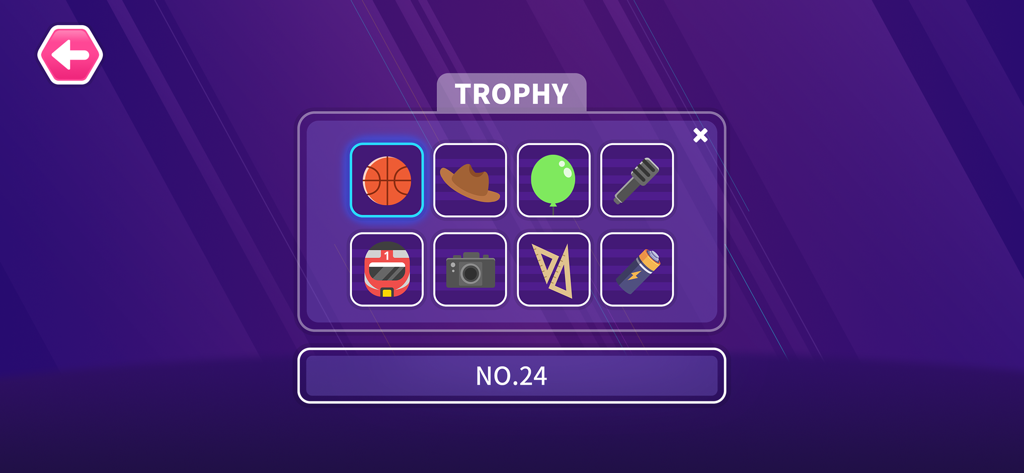 Schermata trofei nell'app Dance Party Coding che mostra una griglia di oggetti da collezione tra cui un pallone da basket, un cappello da cowboy e un microfono.