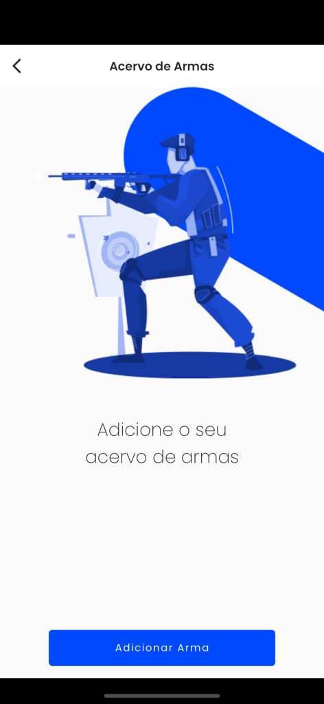 Pantalla de inventario de armas en la aplicación Atirador Shooting House con una ilustración de un tirador y un botón para agregar un arma de fuego