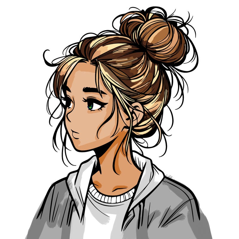 realistic teenage girl with a messy bun